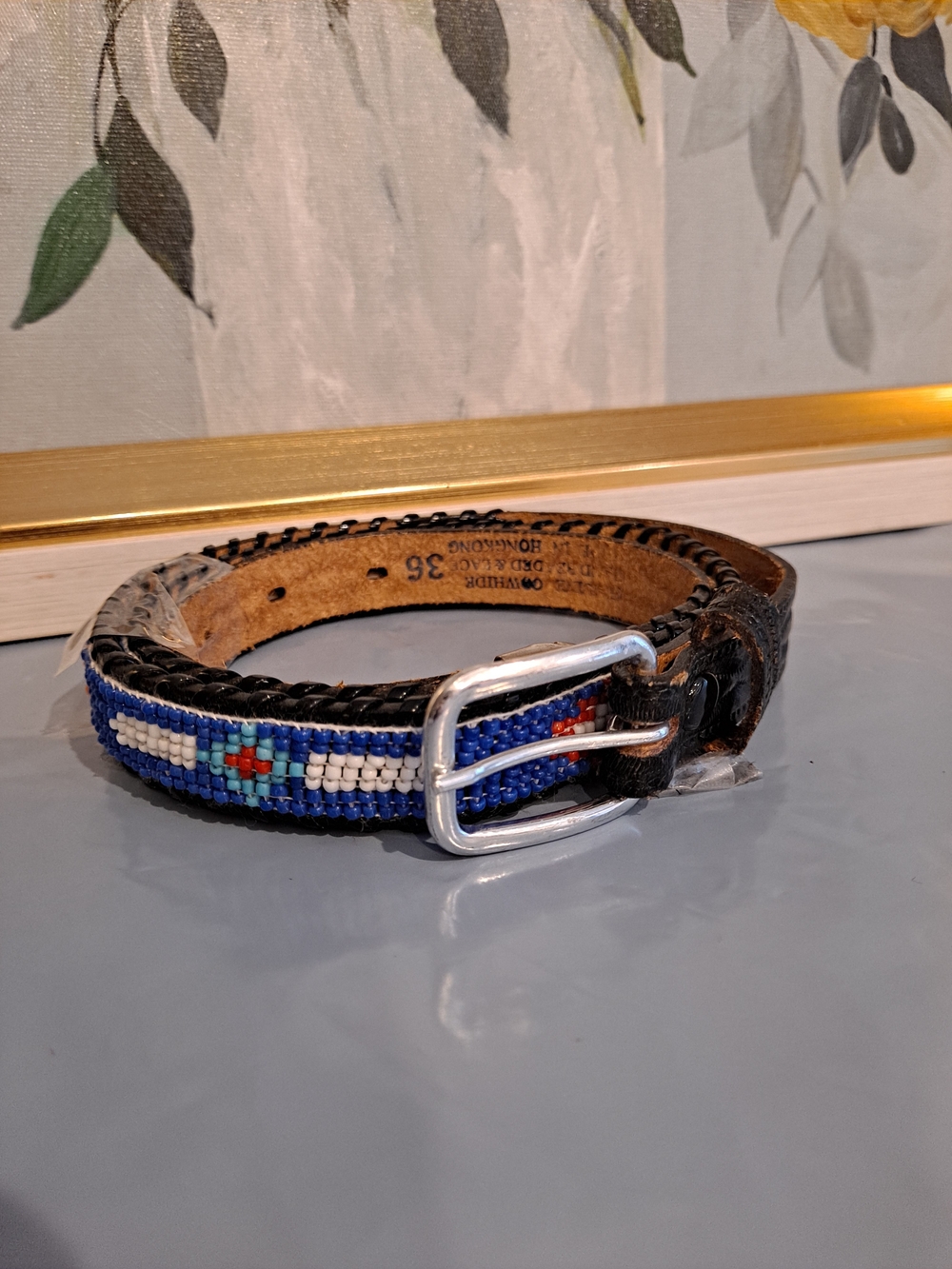 Artisan Black Embossed Leather Belt Blue White Red Handbeaded Native Designed